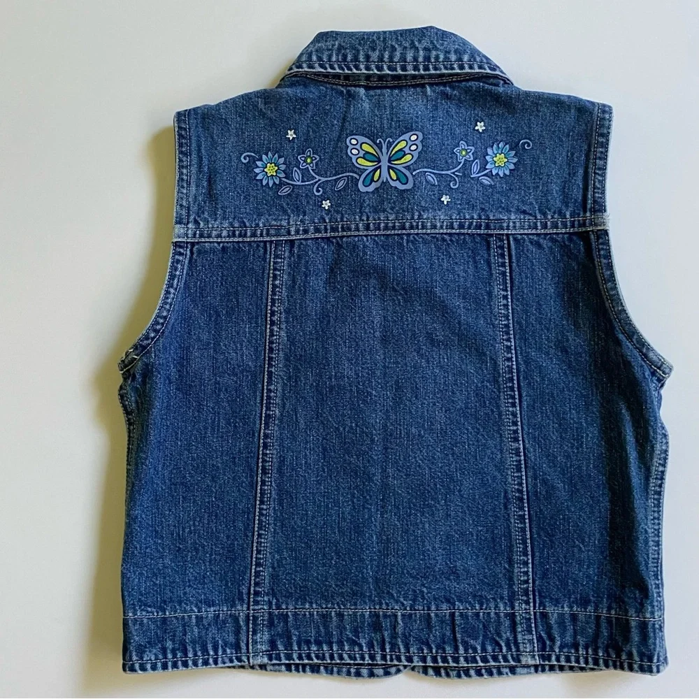 Vintage OSHKOSH Vest 3T Blue 90s Girls Denim Jeans Butterflies USA EUC snaps